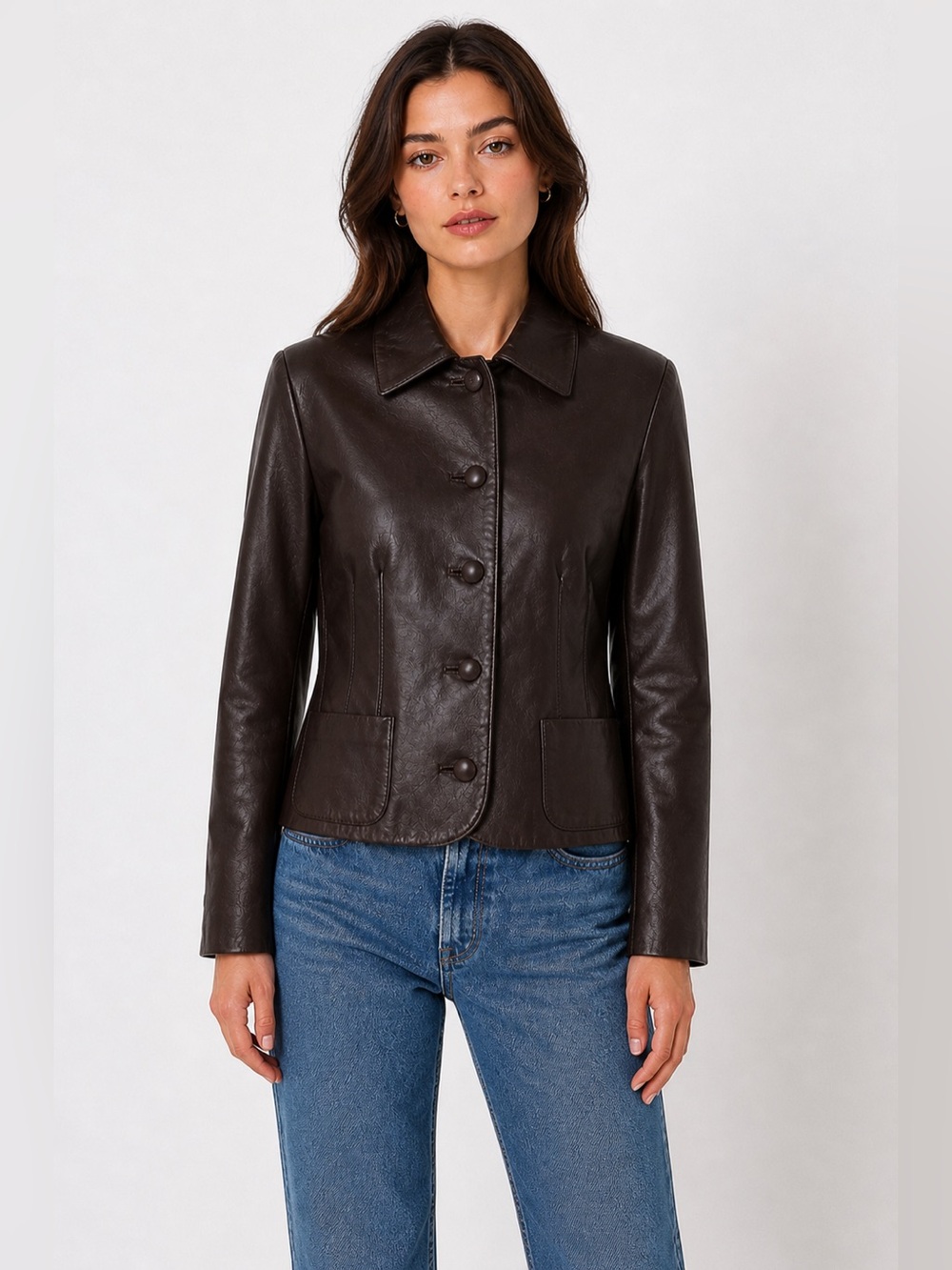Kate Hill Brown Leather Jacket Button Front Tailored Vintage Blazer Style